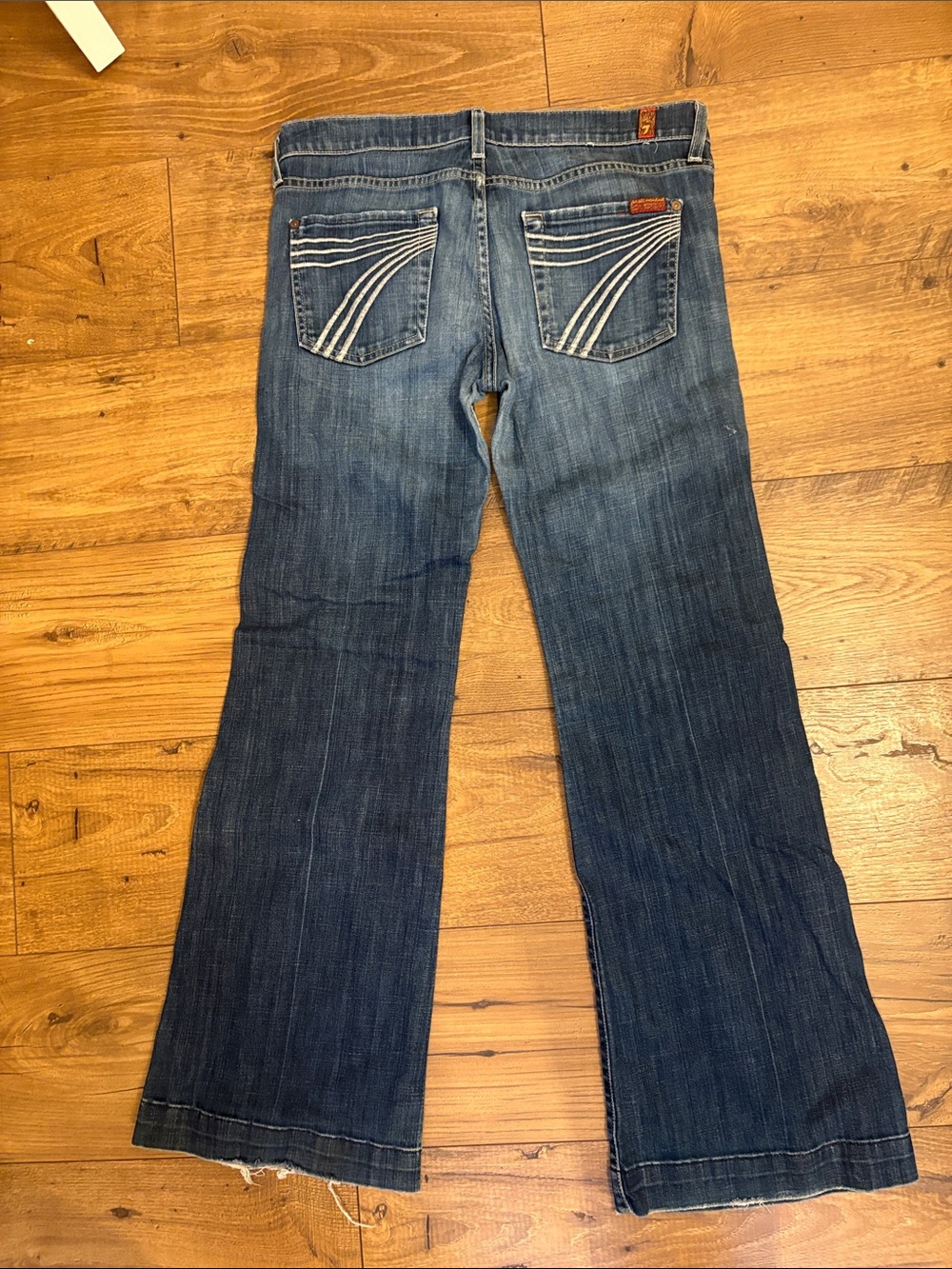 7 For All Mankind Blue Flare Jeans with White Contrast Pocket Stitching